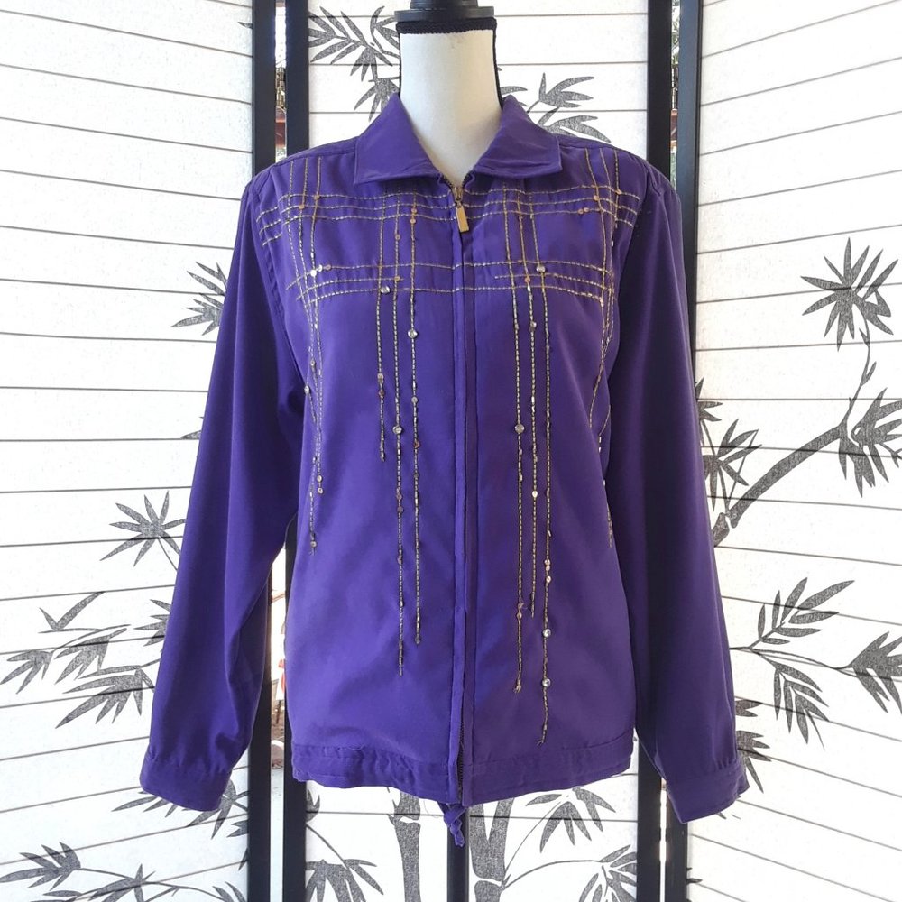 Vintage 1990s Purple Sequin Beaded Zip Up Baggy Active Wear Jacket